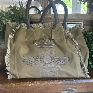 HIPCHIK COUTURE BEE FRINGE CANVAS BAG EMBELLISHED EXCELLENT LUXURY